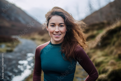 Young athlete training in the mountains. Generative AI.