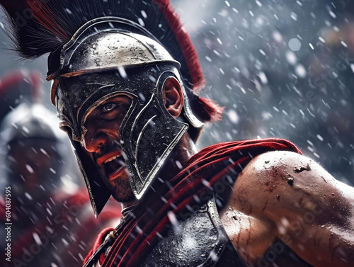 A Spartan warriorGladiator in a red cape and helmet fighting in the rain.