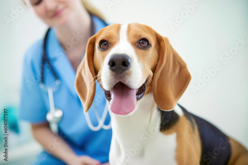 Close up of a beautiful beagle dog at the veterinarian. Sick cute pet sitting at the examination table at the animal clinic 