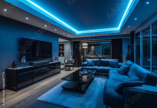 Luxury home living room interior design in blue tones