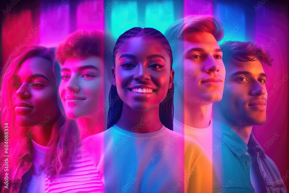 collage of young people in neon colors, ai generated - obrazy, fototapety, plakaty 