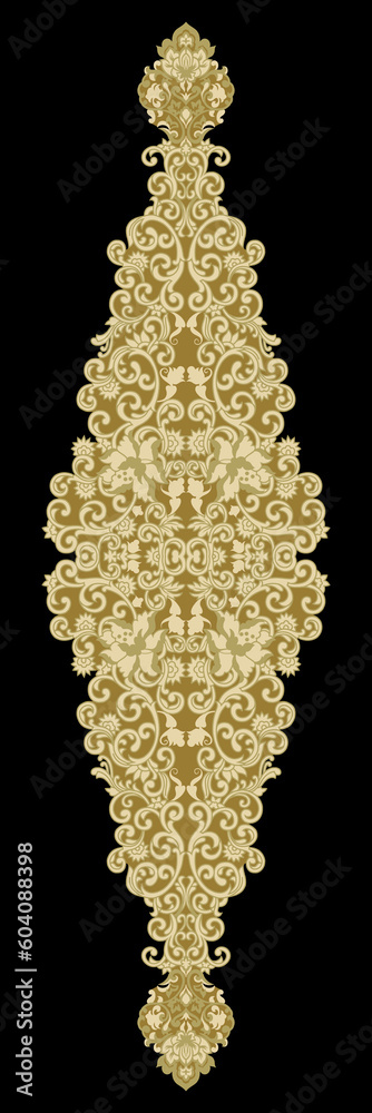 Traditional Asian paisley border on dark background. Textile digital design motif pattern decor hand made artwork frame gift card wallpaper women cloth front back and duppata print element .