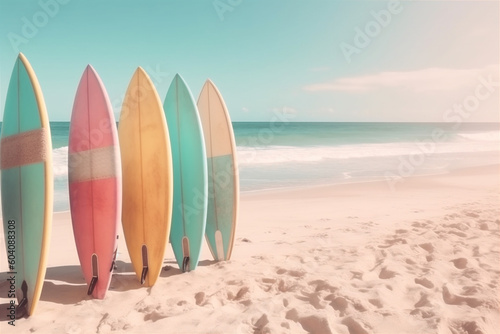 Patel surfboards on tropical beach. Retro colors toned image. Generative AI.