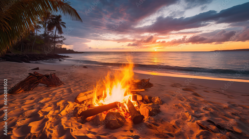 bonfire at a tropical beach , ai generated bonfire at a tropical beach , ai generated