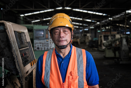 portrait of a worker. Male Worker with machine on background. worker wear helmet and goggle with in factory. 