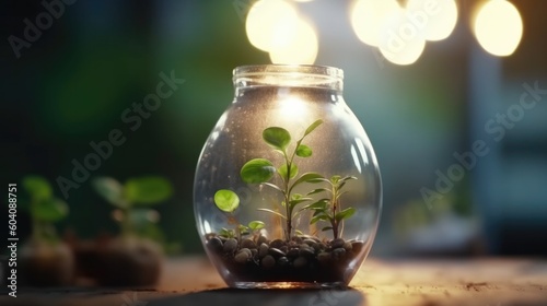 Small decoration plants in a glass bottle garden terrarium bottle forest in a jar. Generative AI.
