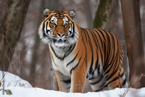 Beautiful Amur tiger on snow. Tiger in winter forest. Critical endangered animals. Amur Siberian tiger is population in the Far East, particularly the Russian Far East and Northeast China