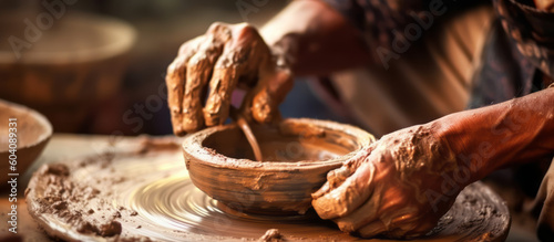 An artisan creating a clay pot using a potters wheel. Generative AI