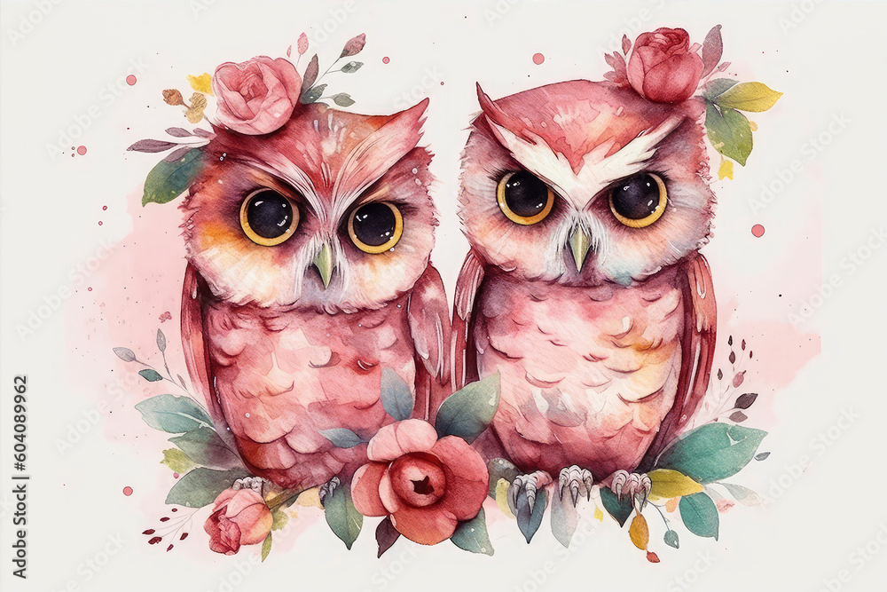 Obraz premium Two cute owls in love surrounded by flowers on a romantic Valentine's Day in a hand-drawn watercolor style. Horizontal postcard, poster, print. Generative AI