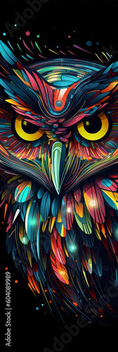 Graphic portrait of an owl on a black background. Colorful, multicolored. Print for printing, tattoo, phone wallpaper, advertising. Generative AI photo