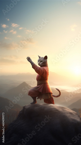 An anthropomorphic kung fu cat standing on top of a mountain