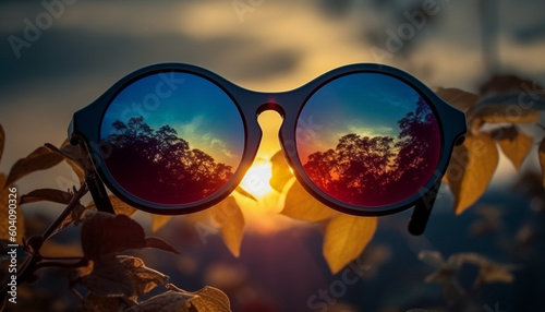 Autumn leaves and sunglasses, nature elegance shines generated by AI © Stockgiu