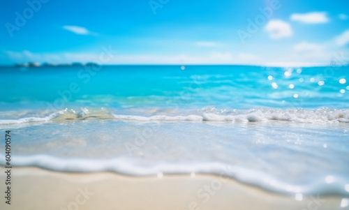 Tropical Summer Beach with Blurred Sunlight Rays and Sparkling Ocean, generative AI