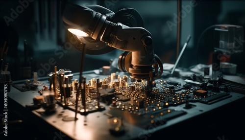 Robotic arm welding steel in manufacturing factory generated by AI