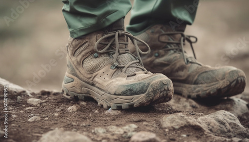 Dirty hiking boots trekking through rugged terrain generated by AI