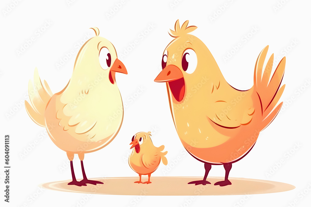 Cartoon hen and rooster teaches little fluffy chick on white background. Education and learning, parents and children, teacher and student. Generative AI, illustration