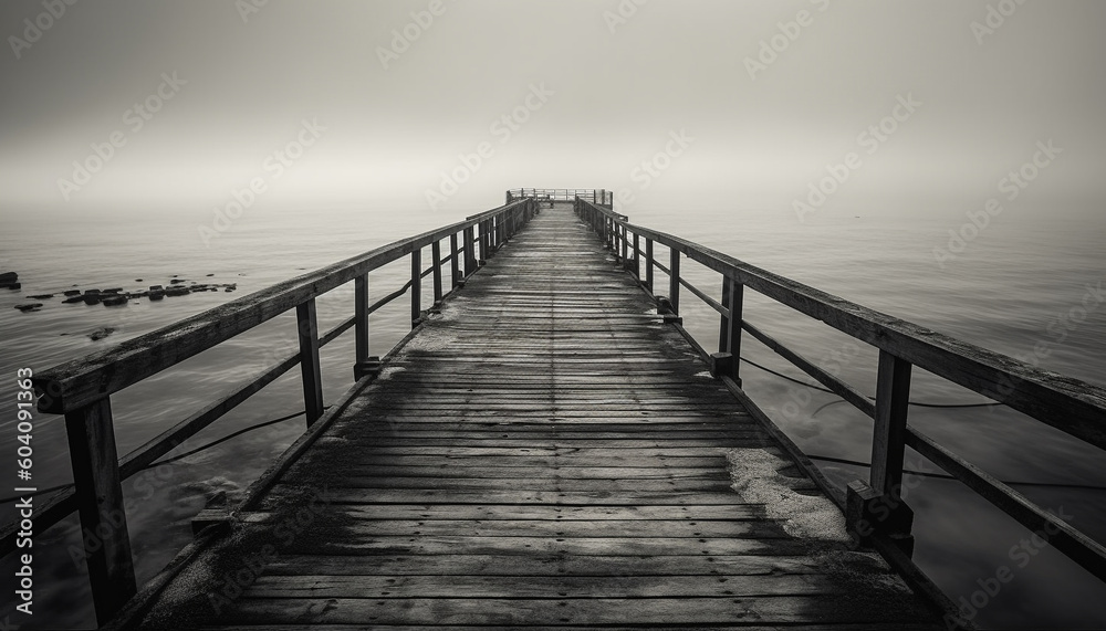Fototapeta premium Wooden boardwalk leads to tranquil seascape horizon generated by AI