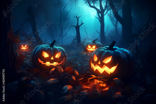 Monster pumpkins in night forest. Horrors and nightmares. Halloween background. Generative AI, illustration