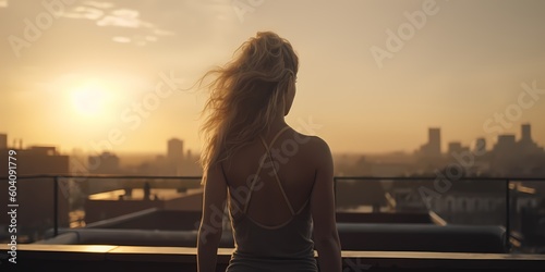 blonde woman from behind on the roof of a building at sunset, relaxation, 
