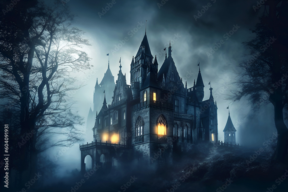 Halloween. Old gothic castle in moonlight, foggy night, haunted mansion. Horror and darkness. Generative AI