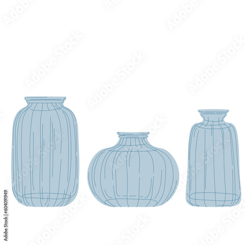 set of glass vases blue line illustrations