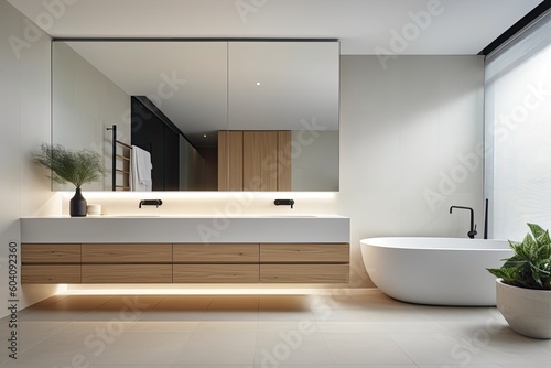 Minimalist bathroom with sleek lines  a floating vanity  and a large mirror  showcasing a modern and clean aesthetic - Generative AI