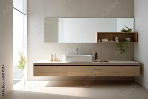 Minimalist bathroom with sleek lines, a floating vanity, and a large mirror, showcasing a modern and clean aesthetic - Generative AI