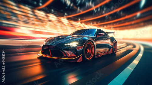 Racing Car drifting on speed track stadium with sport light, Generative AI © khwanchai