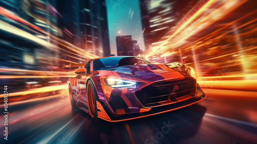 Racing Car drifting with abstract long exposure dynamic speed light trails in an urban environment city, Generative AI © khwanchai