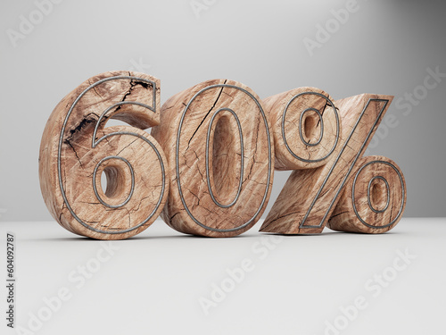 Fototapeta Naklejka Na Ścianę i Meble -  60 Percent Off 3d rendering wood text for promotion, campaign, offer for business white background