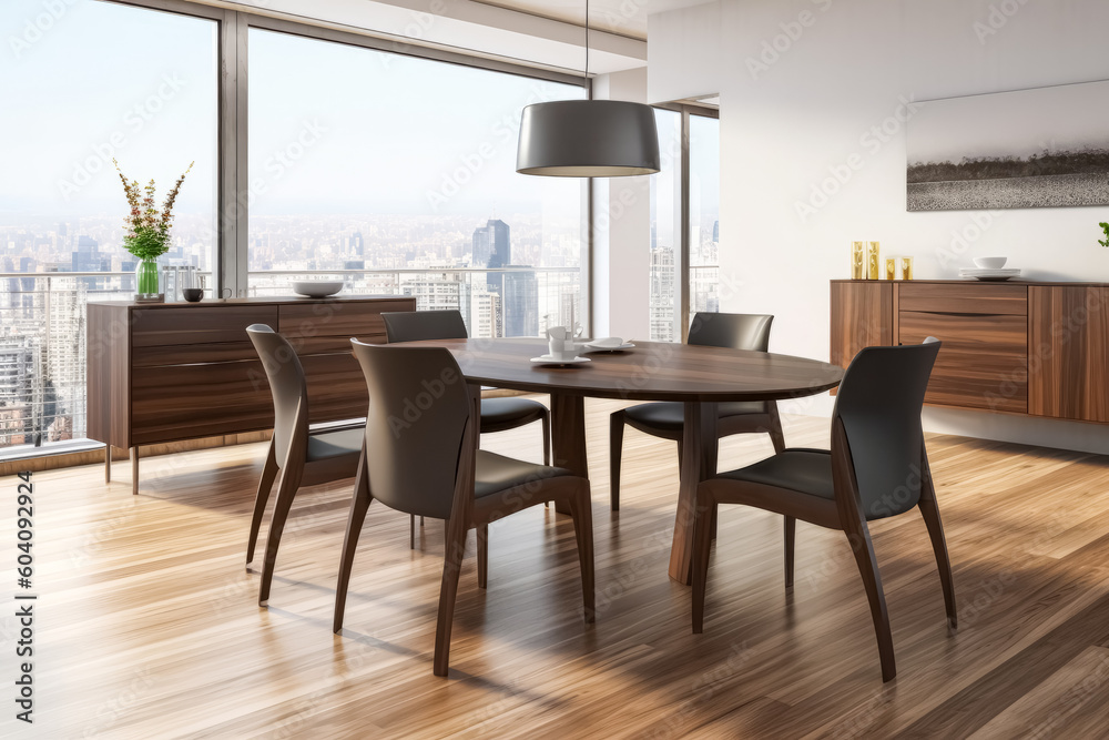 Wooden dining table and chairs with sleek, minimalist design