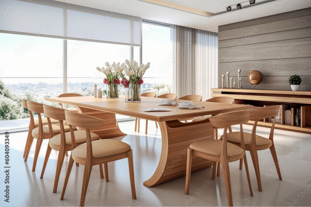 Wooden dining table and chairs with sleek, minimalist design