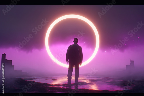 silhouette of a person in front of a glowing circle, 