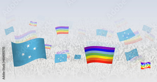 People waving Peace flags and flags of Micronesia. Illustration of throng celebrating or protesting with flag of Micronesia and the peace flag.
