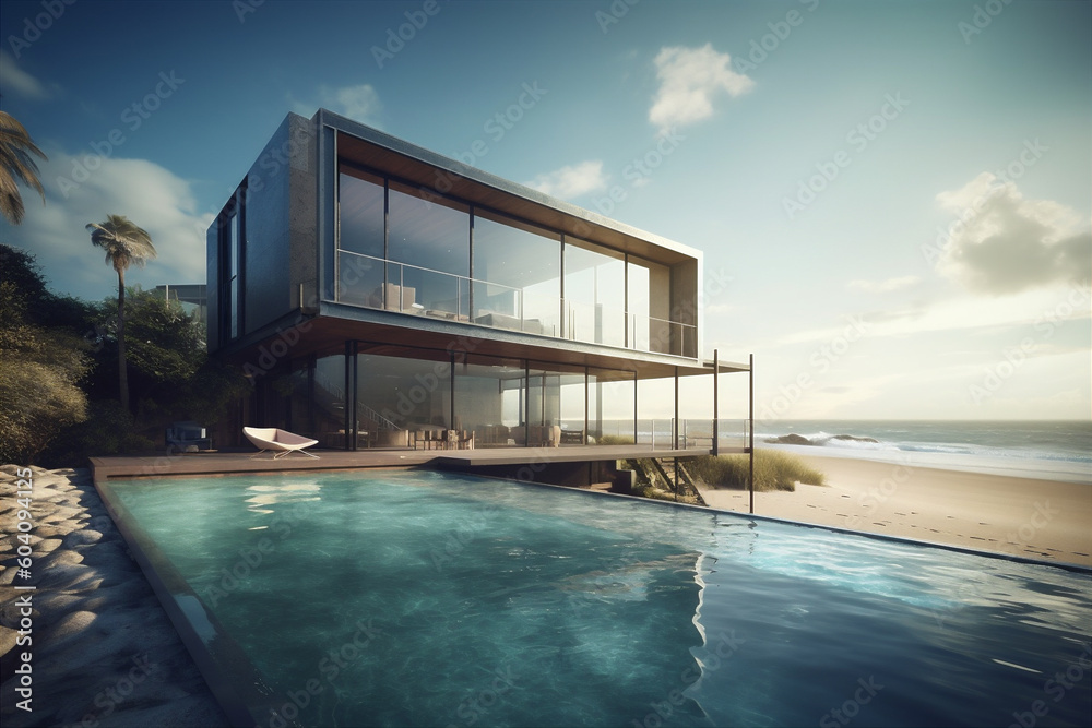 Modern home with sea view. AI generated