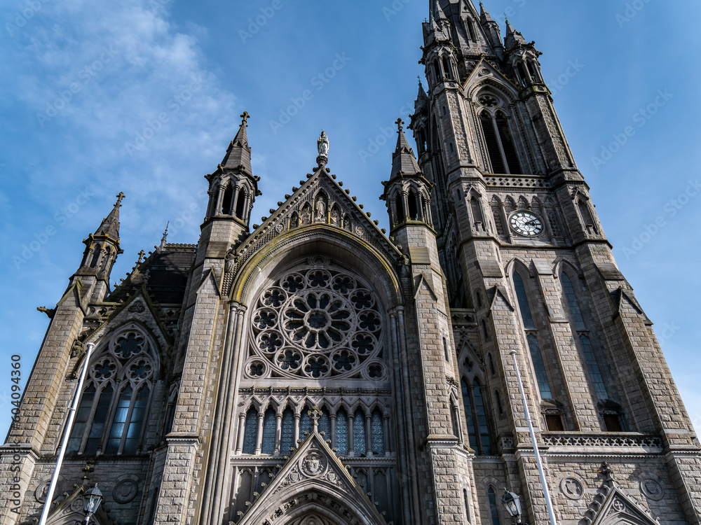 Catholic Cathedral in Ireland, Gothic style. The Cathedral Church of St Colman known as Cobh Cathedral, or Queenstown Cathedral, single-spire cathedral, Ireland. Roman Catholic cathedral.