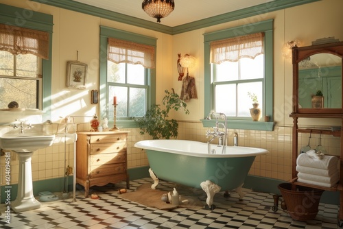 Vintage-inspired bathroom with clawfoot bathtub  patterned tiles  and antique fixtures  evoking a charming and nostalgic ambiance - Generative AI