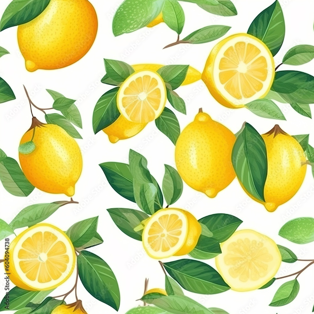 A seamless lemon pattern on white background. pattern for fabric. Generative AI A seamless lemon pattern on white background. pattern for fabric. Generative AI
