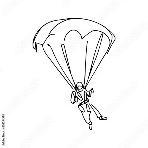 One line vector illustration. Skydiver in the sky. Minimalism. Paratrooper on a parachute.