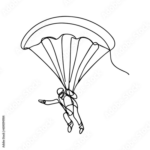 One line vector illustration. Skydiver in the sky. Minimalism. Paratrooper on a parachute.