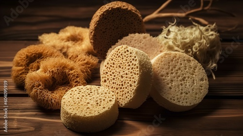 Natural Loofah Sponges On Wooden Surface For Skin Care
