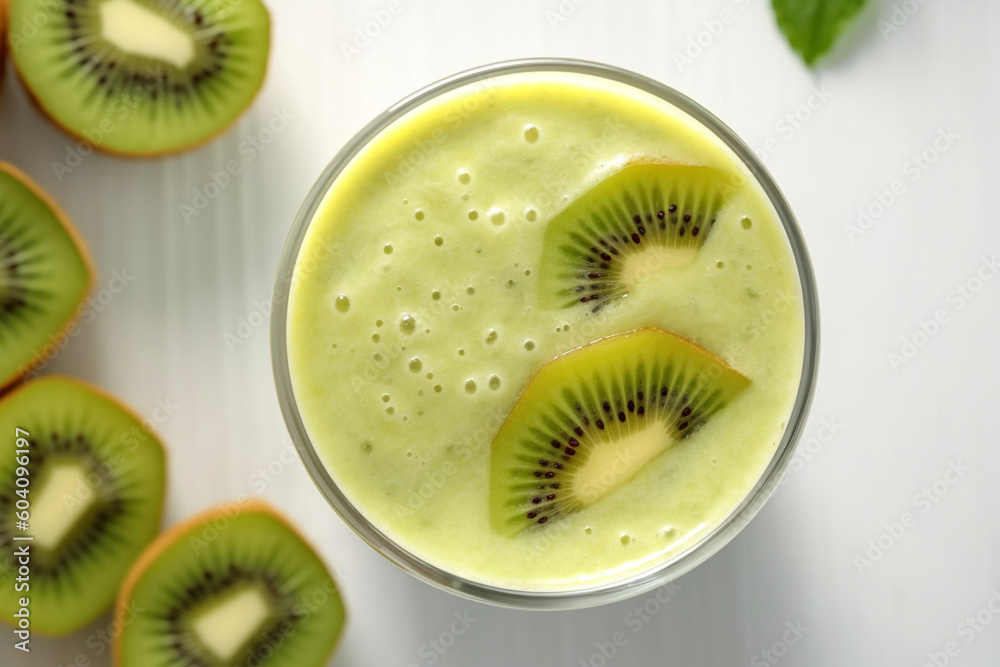 A glass of kiwi smoothie refreshing and healthy breakfast. High quality photo Generative AI A glass of kiwi smoothie refreshing and healthy breakfast. High quality photo Generative AI
