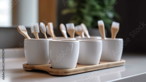 Set Of Natural Bamboo Toothbrushes In A Ceramic Cup