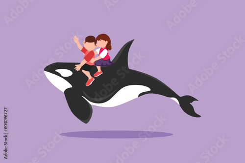 Character flat drawing adorable little boy and girl riding orca together. Bravery kids sitting on back whale killer in swimming pool. Whale killer or orca in water. Cartoon design vector illustration