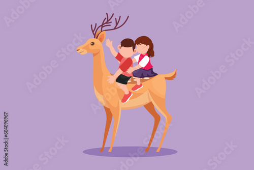 Character flat drawing of happy little boy and girl riding deer together. Children sitting on back deer with saddle in ranch ground. Kids learning to ride reindeer. Cartoon design vector illustration