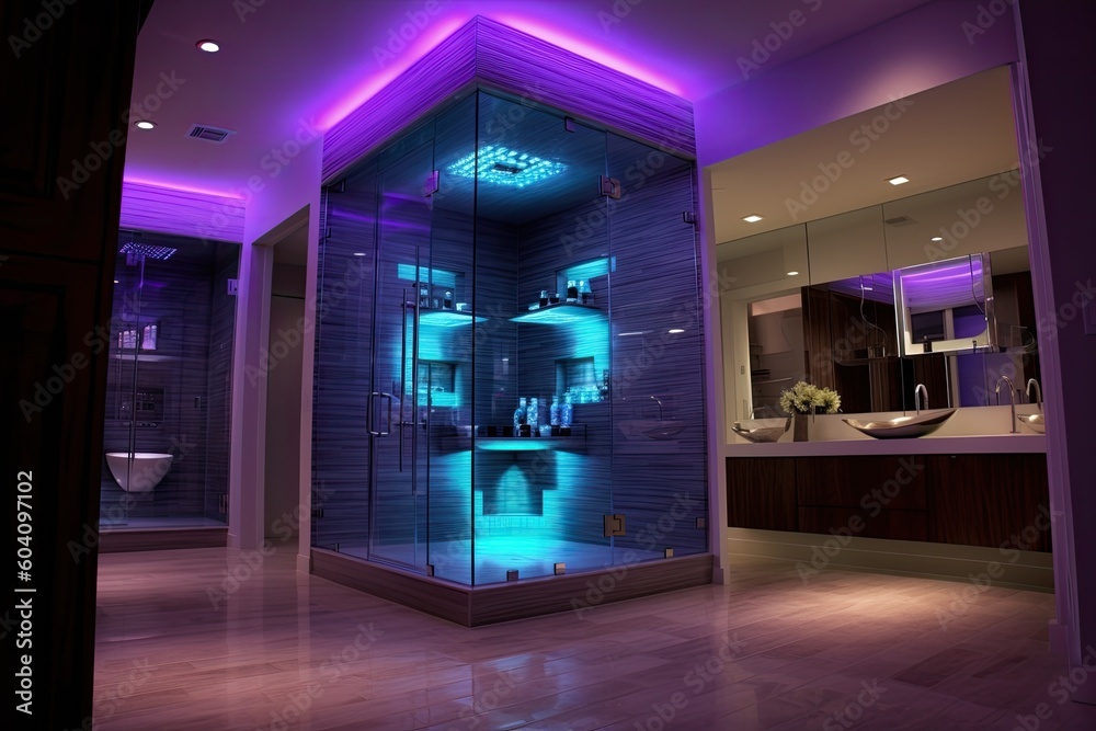 Contemporary bathroom with a frameless glass shower, LED lighting, and