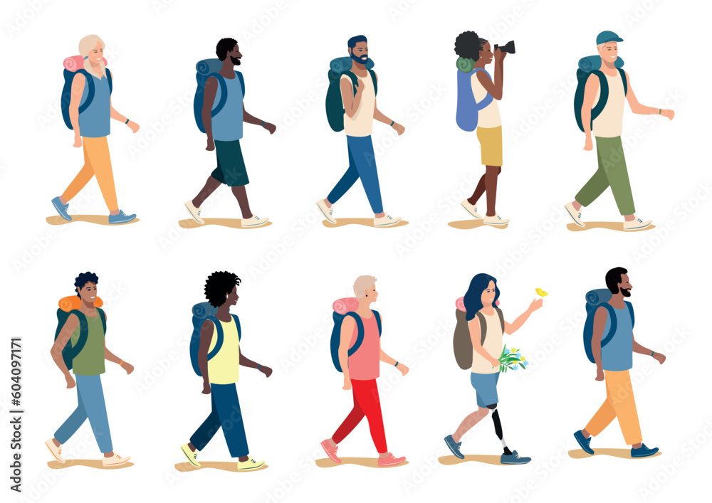 Men and women of different nationalities go on a hike. A set of people travel and rest. Active lifestyle. Camping. Vector illustration in a simple style.