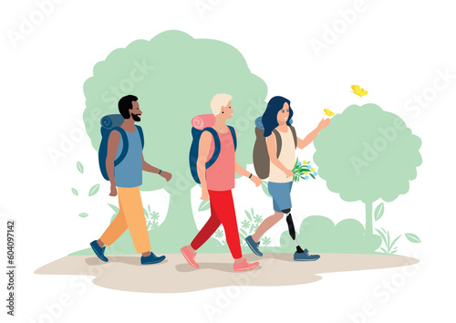 Friends go hiking along a forest path. Men and women travel and vacation together. Active lifestyle. Camping. Vector illustration in a simple style.