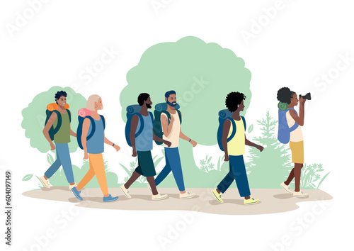 Friends go hiking along a forest path. Men and women travel and vacation together. Active lifestyle. Camping. Vector illustration in a simple style.