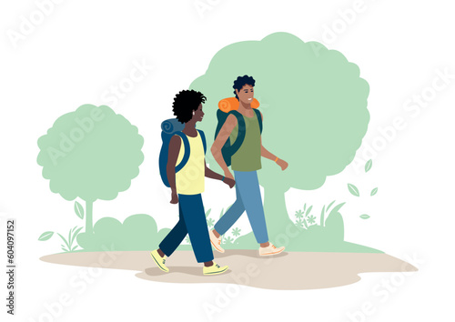 Friends go hiking along a forest path. Men and women travel and vacation together. Active lifestyle. Camping. Vector illustration in a simple style.